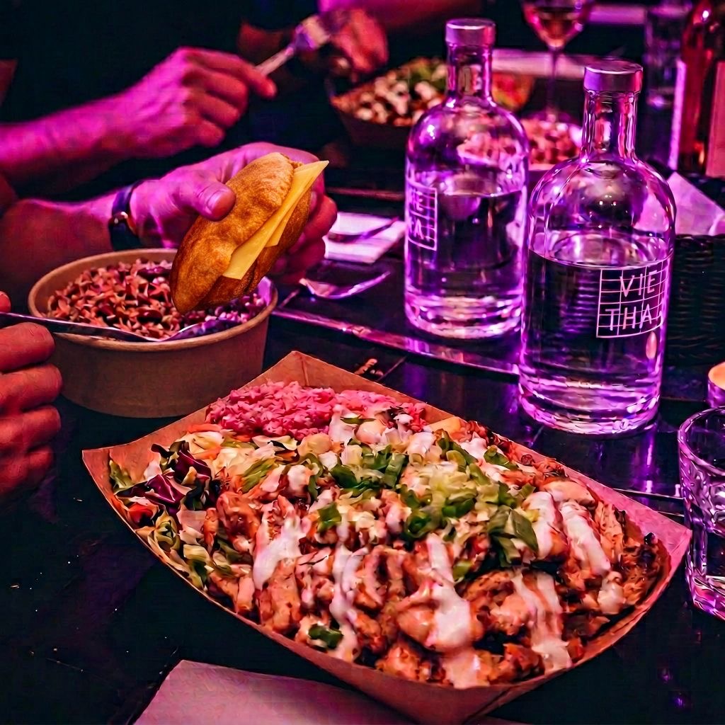 Truk'i Pan grill platter topped with garlic sauce and spring onions, with slaw, pickled cabbage and a cheese pocket bread on the table